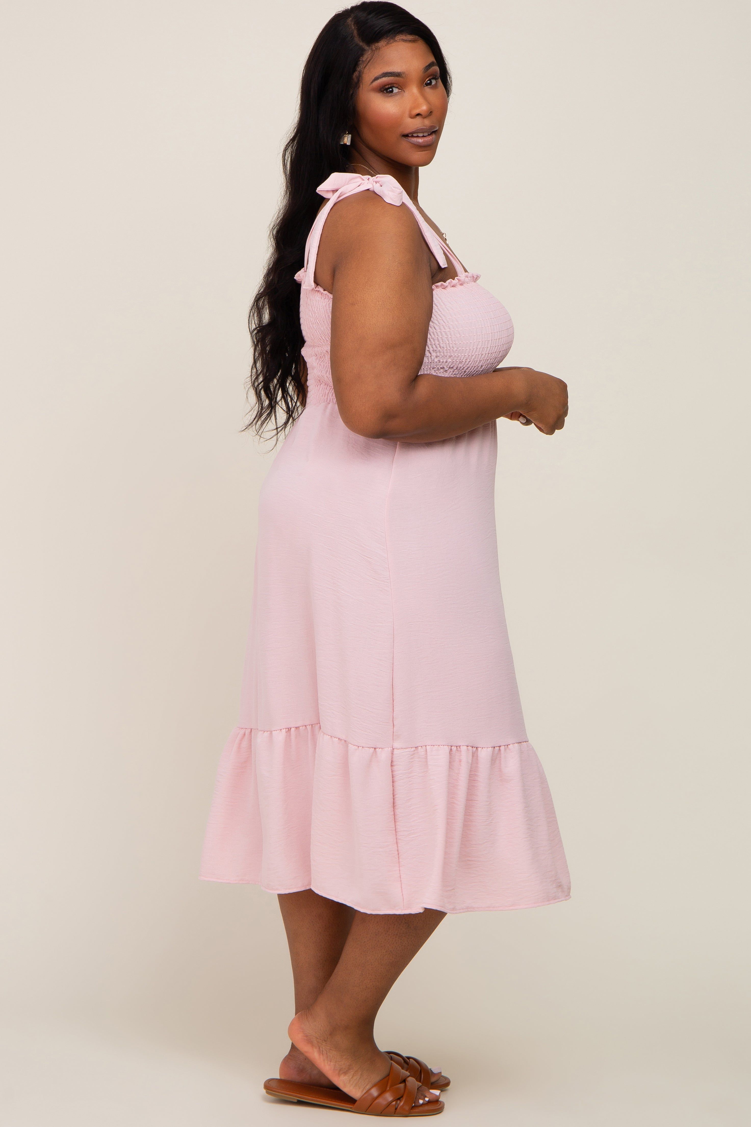Light Pink Smocked Shoulder Tie Plus Midi Dress sold by Pinkblush product image thumbnail 2