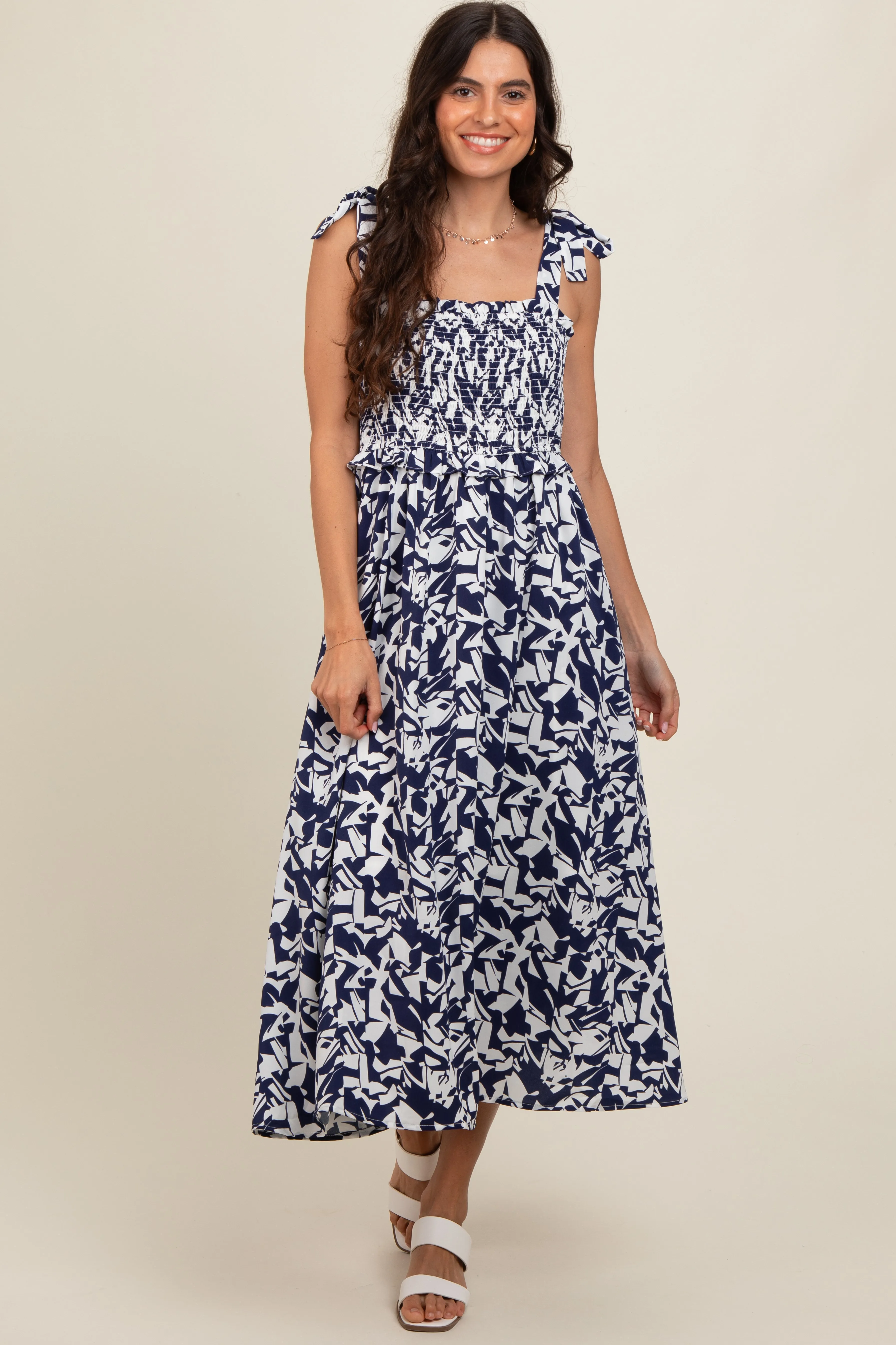 Navy Printed Smocked Shoulder Tie Maternity Midi Dress sold by Pinkblush product image thumbnail 4