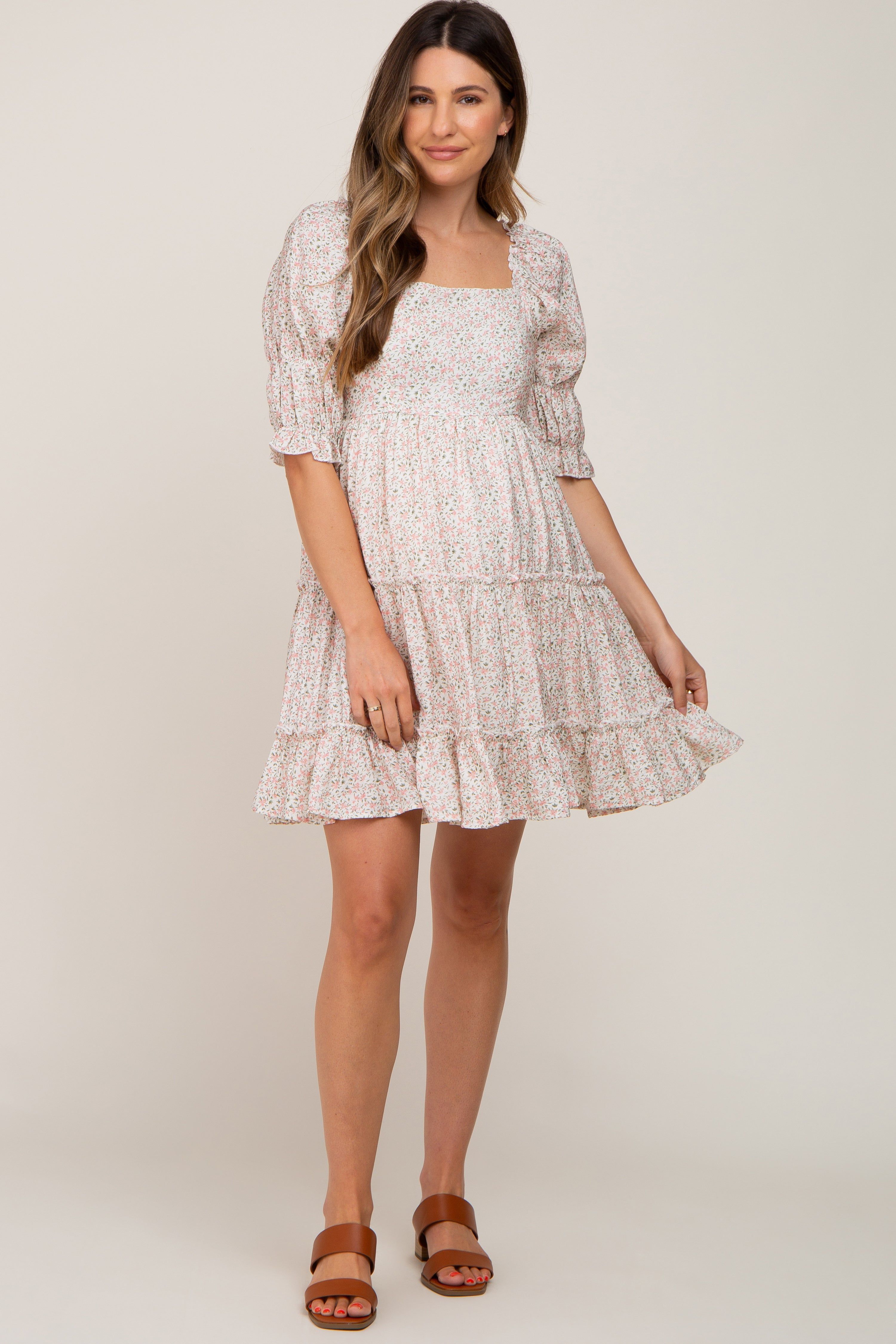 Ivory Floral Square Neck Ruffle Tiered Maternity Dress sold by Pinkblush product image thumbnail 4