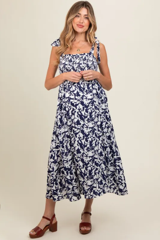 Navy Printed Smocked Shoulder Tie Maternity Midi Dress sold by Pinkblush