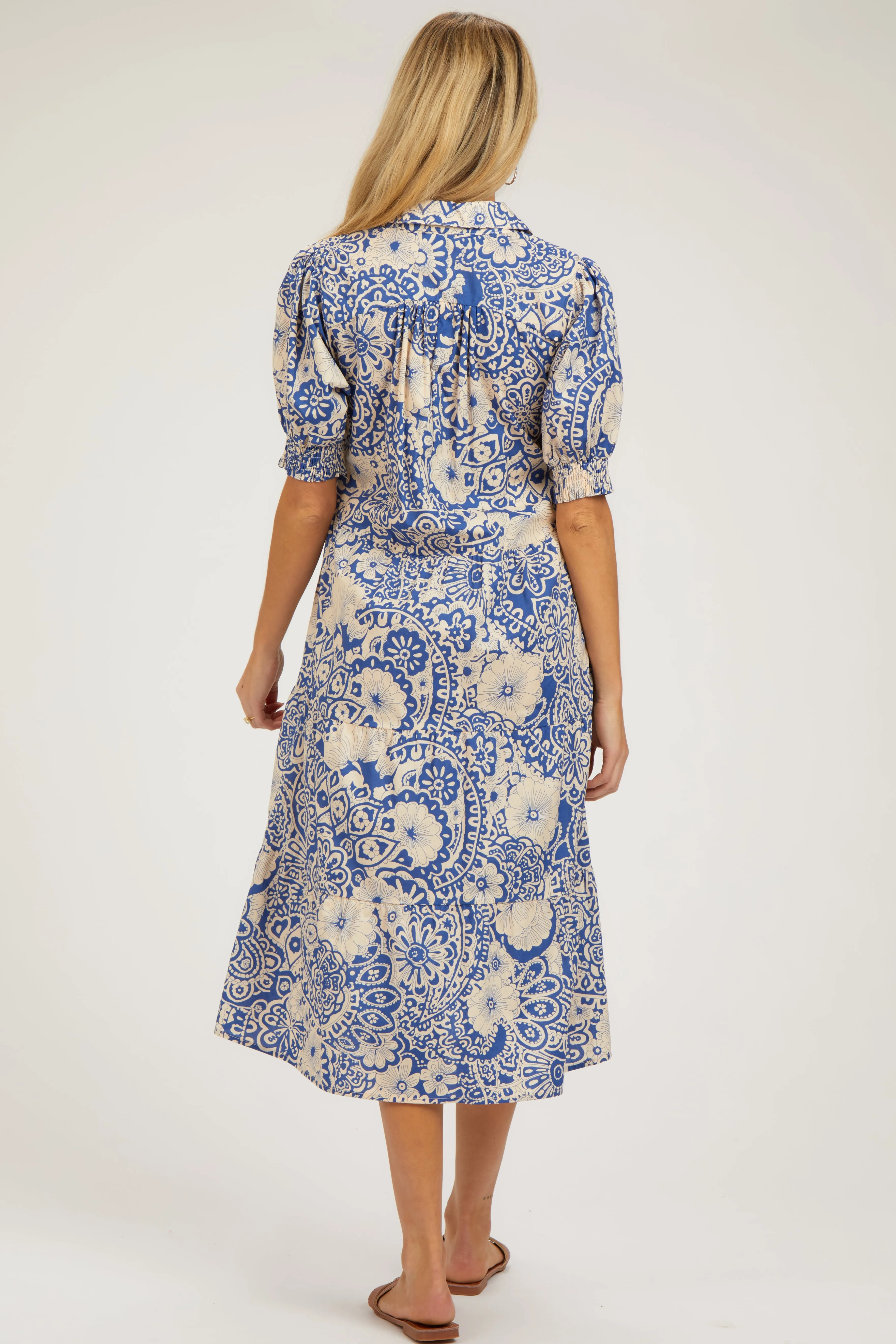 Blue Floral Collared Tiered Maternity Midi Dress sold by Pinkblush product image thumbnail 4