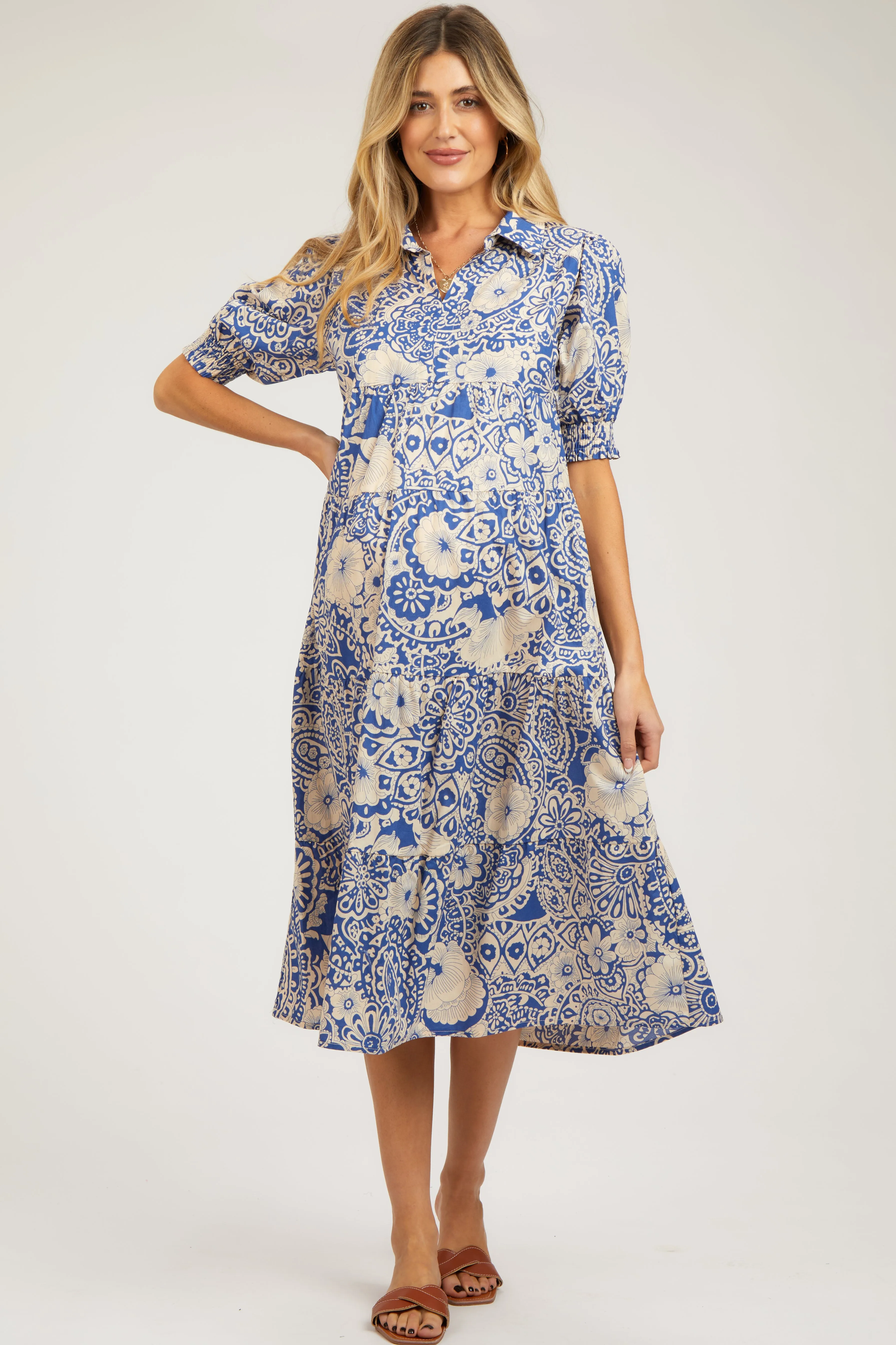 Blue Floral Collared Tiered Maternity Midi Dress sold by Pinkblush