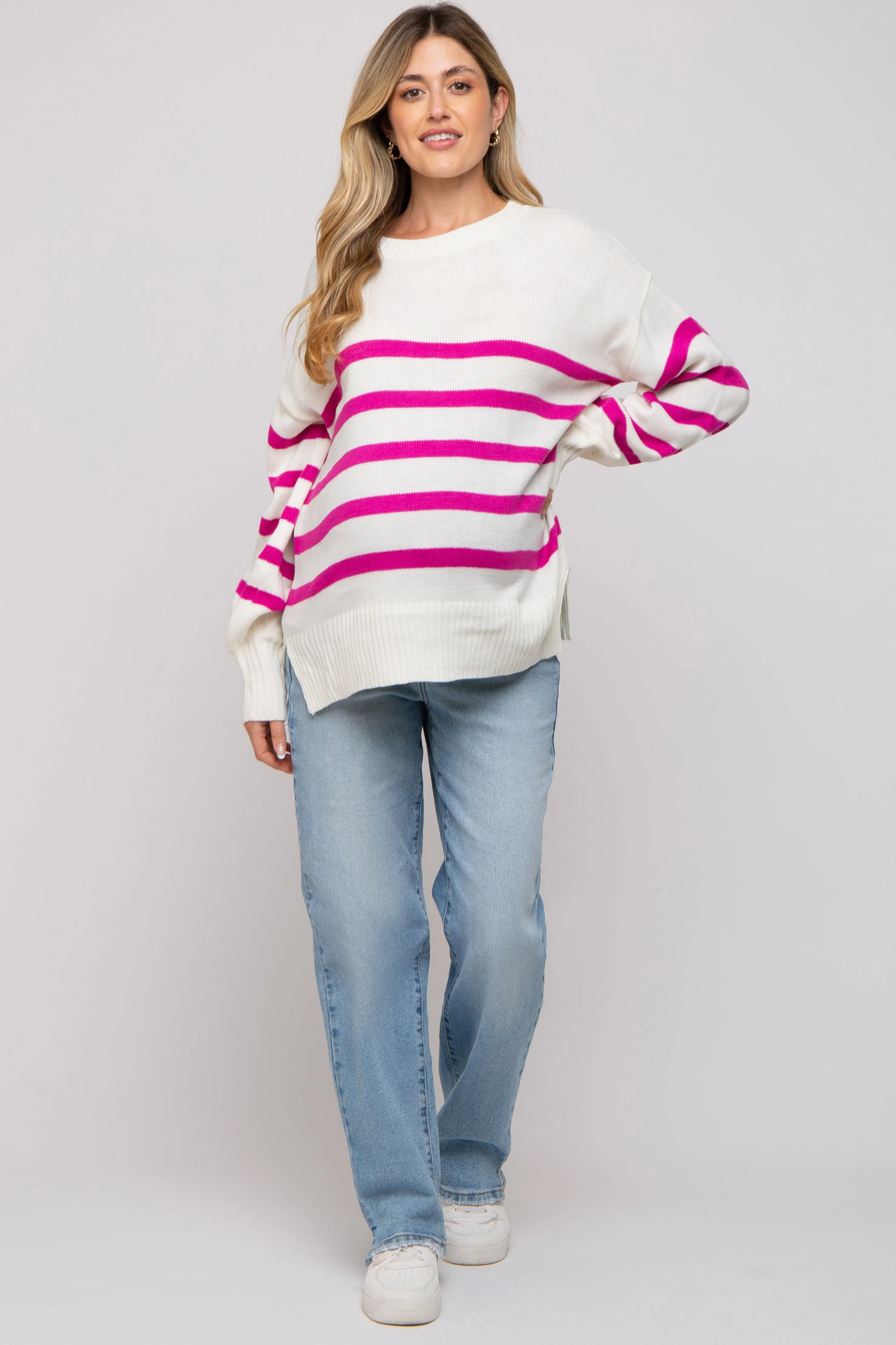 Fuchsia Striped Oversized Side Slit Maternity Sweater sold by Pinkblush