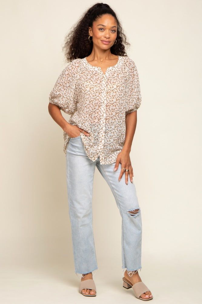 Ivory Floral Semi Sheer Puff Sleeve Blouse sold by Pinkblush product image thumbnail 4