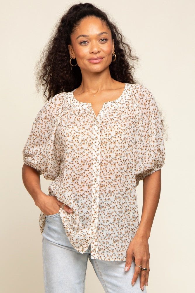 Ivory Floral Semi Sheer Puff Sleeve Blouse sold by Pinkblush
