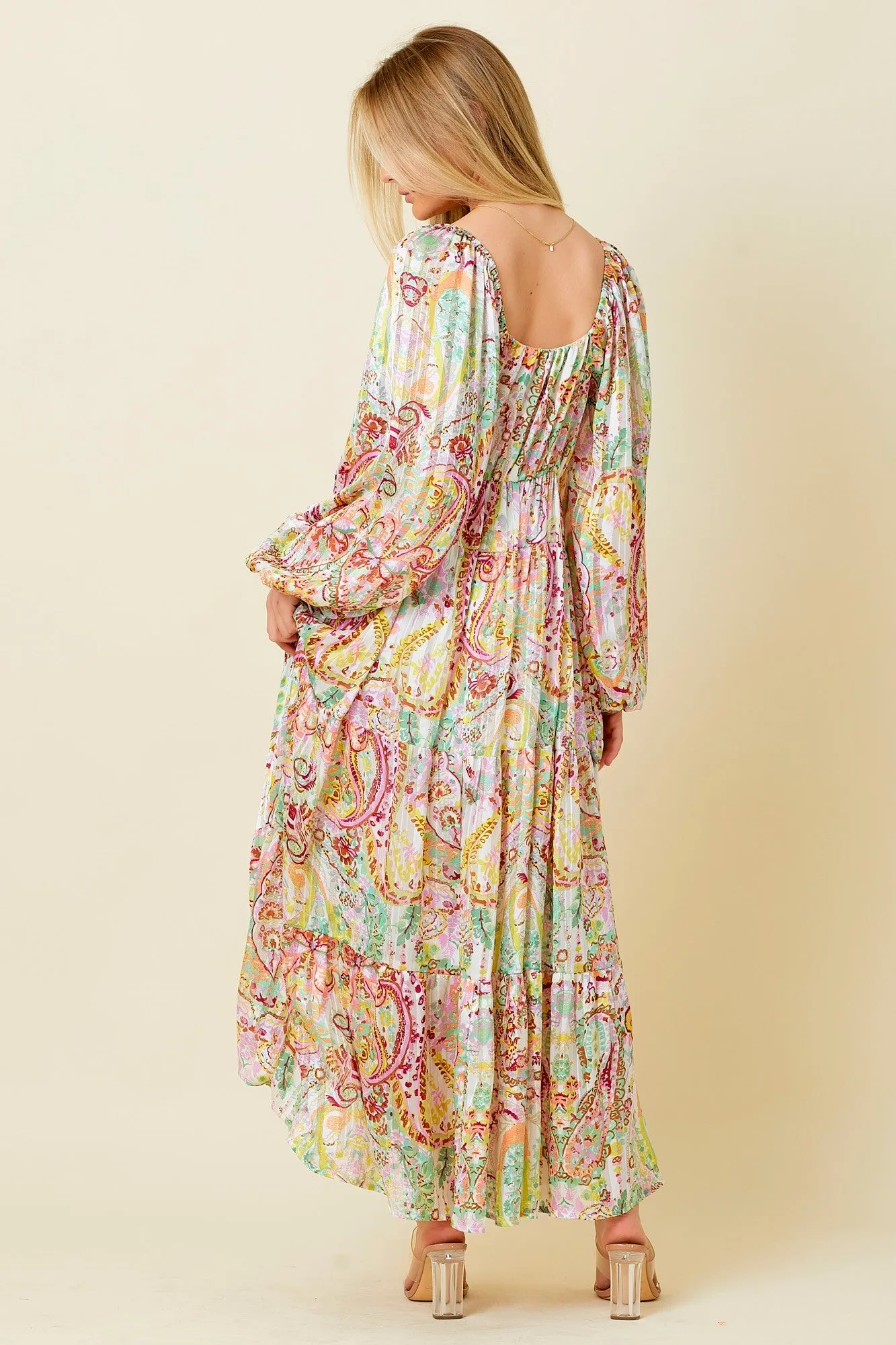 Multi-Color Floral Metallic Striped Tiered Long Puff Sleeve Maxi Dress sold by Pinkblush product image thumbnail 3
