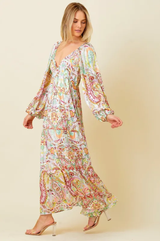 Multi-Color Floral Metallic Striped Tiered Long Puff Sleeve Maxi Dress sold by Pinkblush