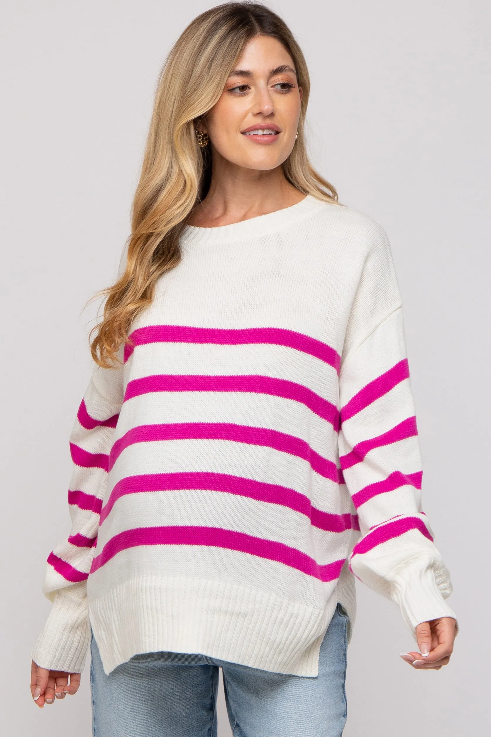 Fuchsia Striped Oversized Side Slit Maternity Sweater sold by Pinkblush product image thumbnail 2