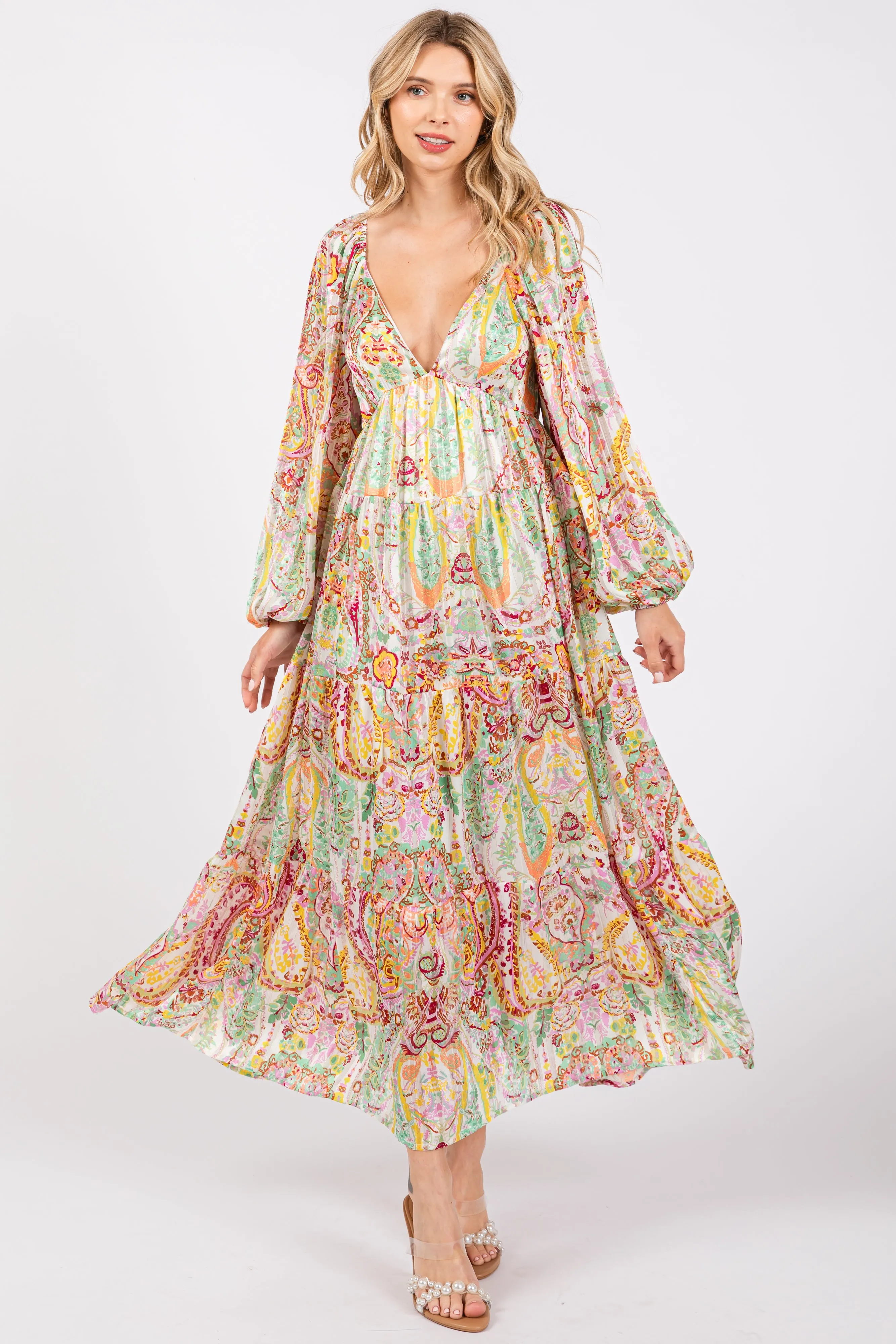 Multi-Color Floral Metallic Striped Tiered Long Puff Sleeve Maxi Dress sold by Pinkblush product image thumbnail 4