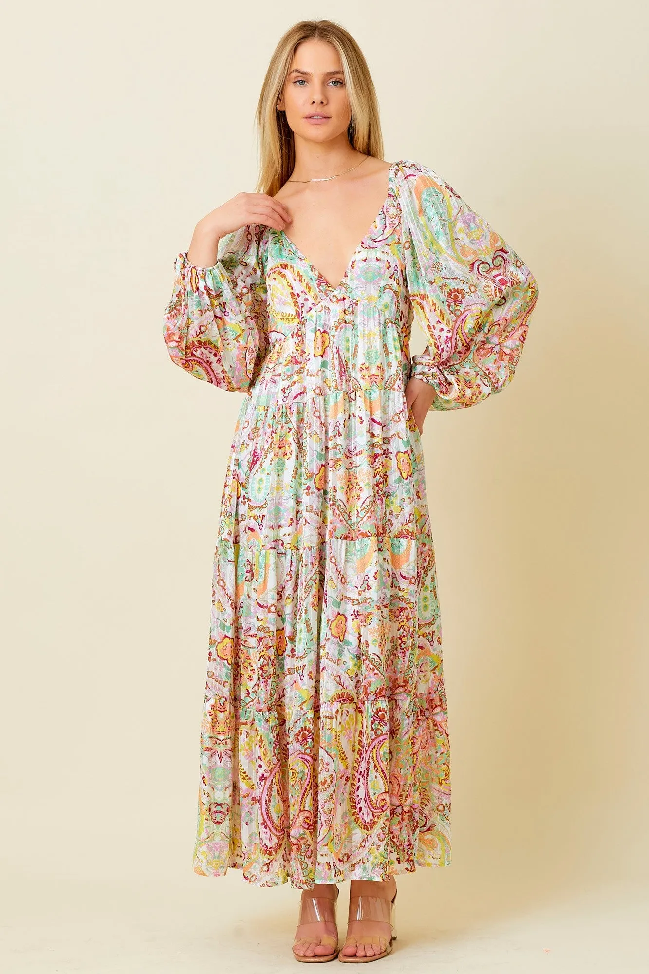 Multi-Color Floral Metallic Striped Tiered Long Puff Sleeve Maxi Dress sold by Pinkblush product image thumbnail 2