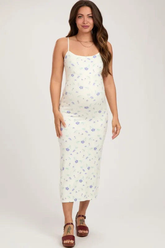 White Ultra Soft Knit Floral Sleeveless Maternity Midi Dress sold by Pinkblush