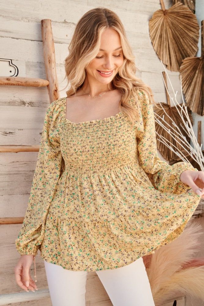 Yellow Floral Long Sleeve Blouse sold by Pinkblush