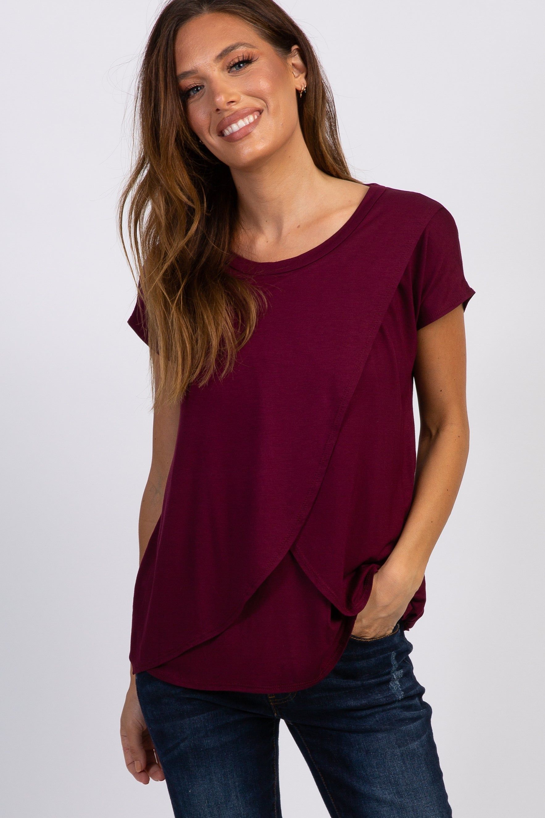 PinkBlush Burgundy Layered Wrap Front Nursing Top sold by Pinkblush