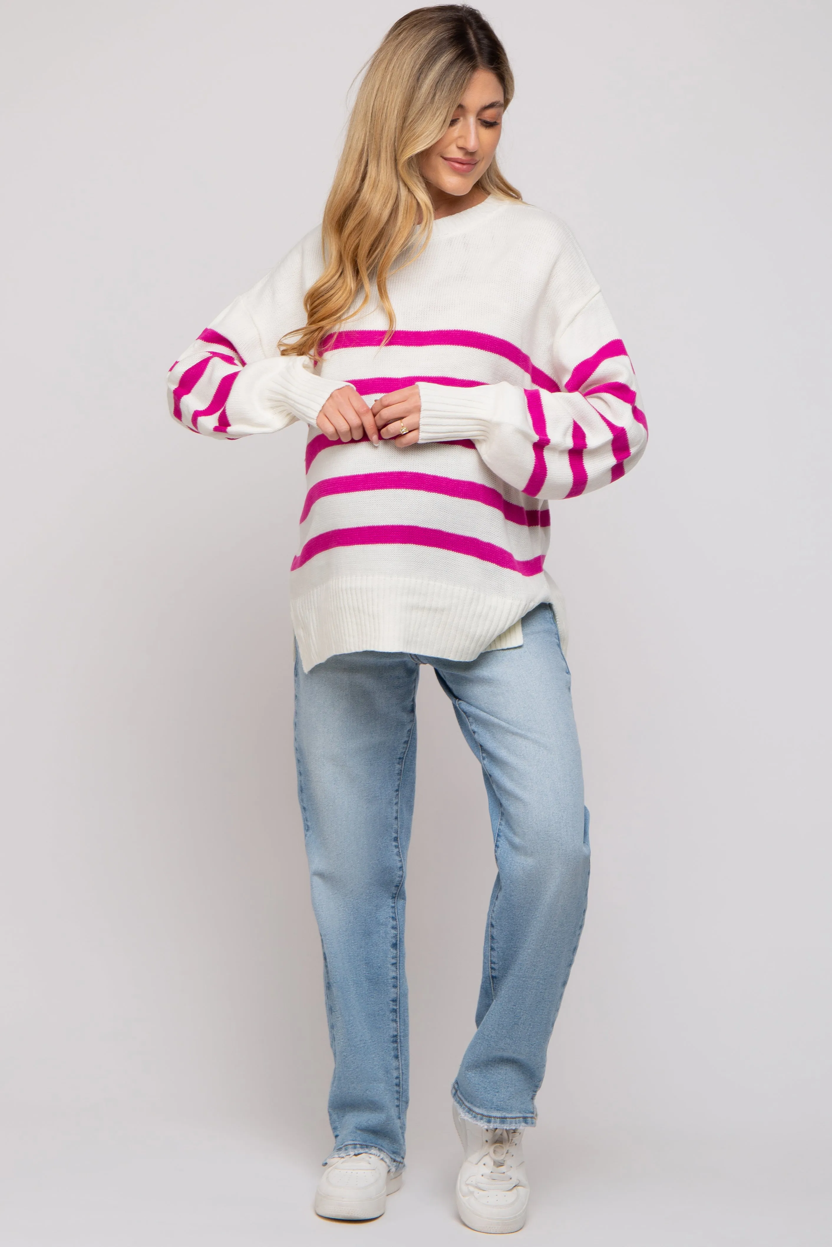 Fuchsia Striped Oversized Side Slit Maternity Sweater sold by Pinkblush product image thumbnail 5
