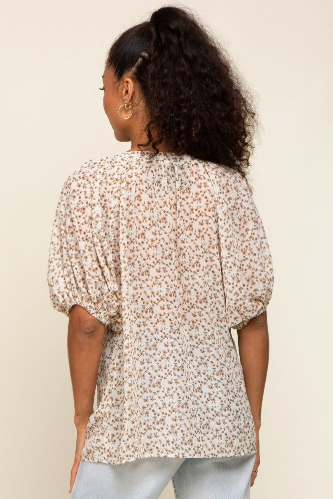 Ivory Floral Semi Sheer Puff Sleeve Blouse sold by Pinkblush product image thumbnail 3