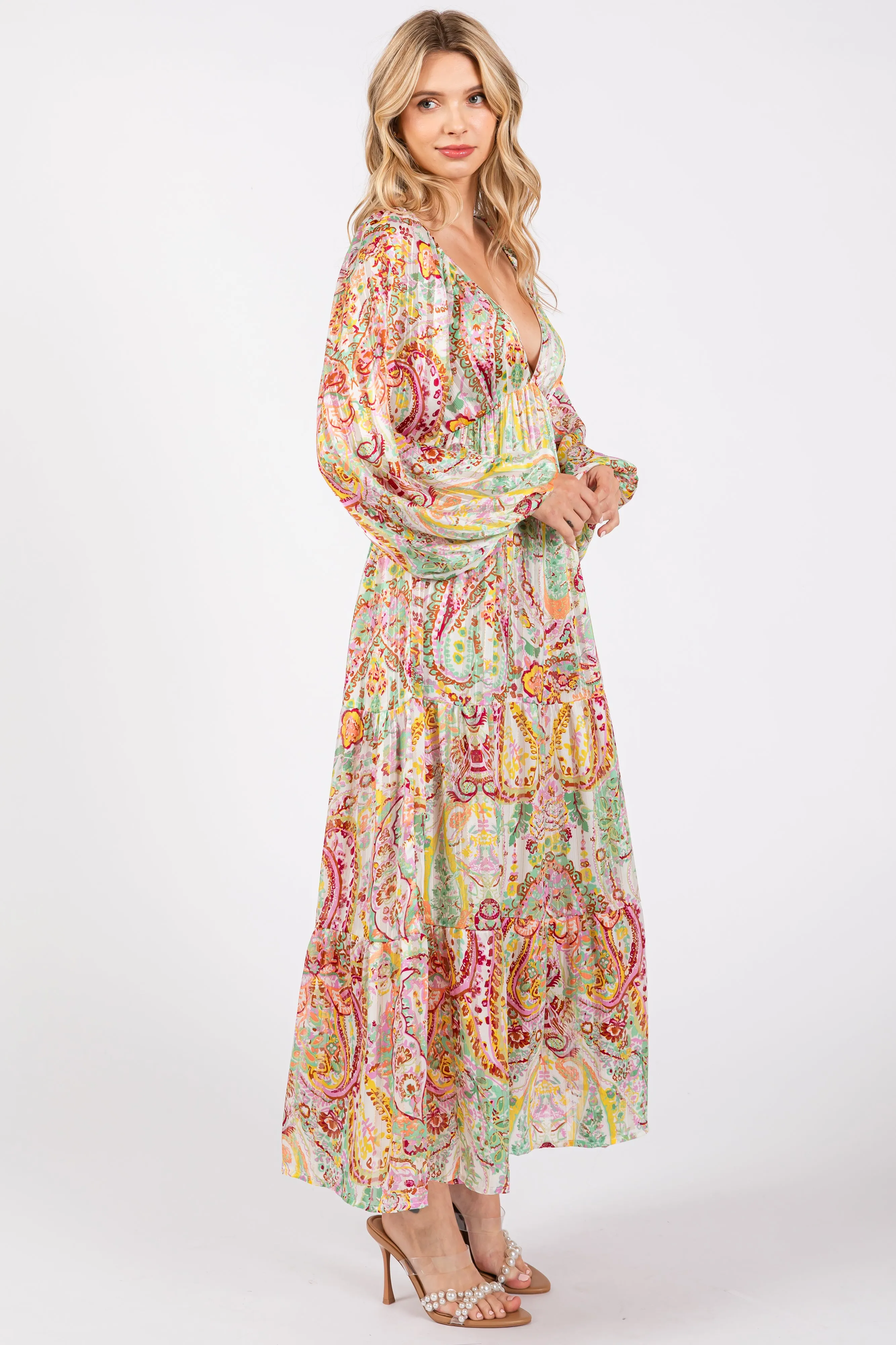 Multi-Color Floral Metallic Striped Tiered Long Puff Sleeve Maxi Dress sold by Pinkblush product image thumbnail 5
