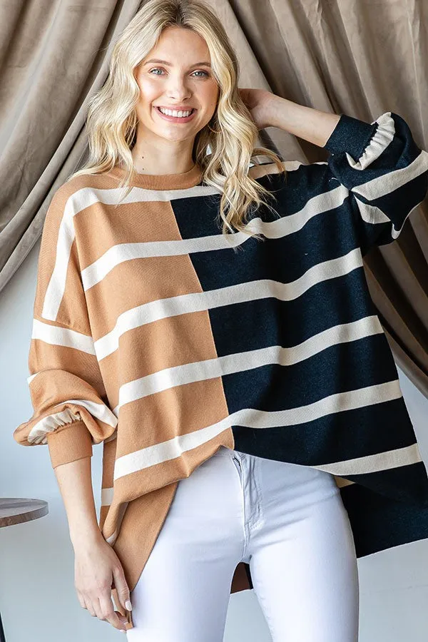 Mocha Striped Colorblock Dolman Knit Top sold by Pinkblush