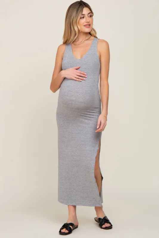 Heather Grey V-Neck Side Slit Maternity Midi Dress sold by Pinkblush