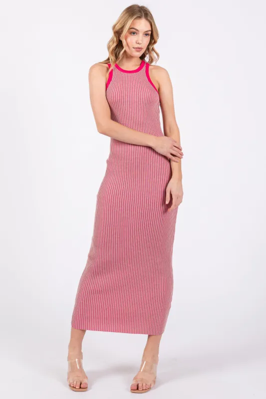 Pink Ribbed Knit Sleeveless Fitted Midi Dress sold by Pinkblush