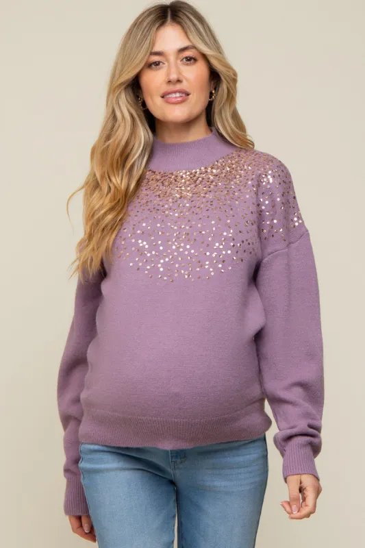 Purple Sequin Knit Mock Neck Maternity Sweater sold by Pinkblush