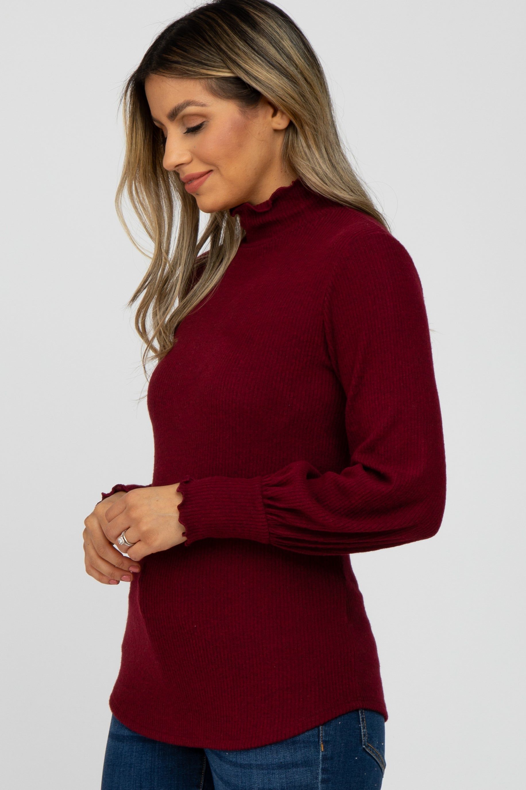 Burgundy Brushed Ribbed Mock Neck Top sold by Pinkblush product image thumbnail 3