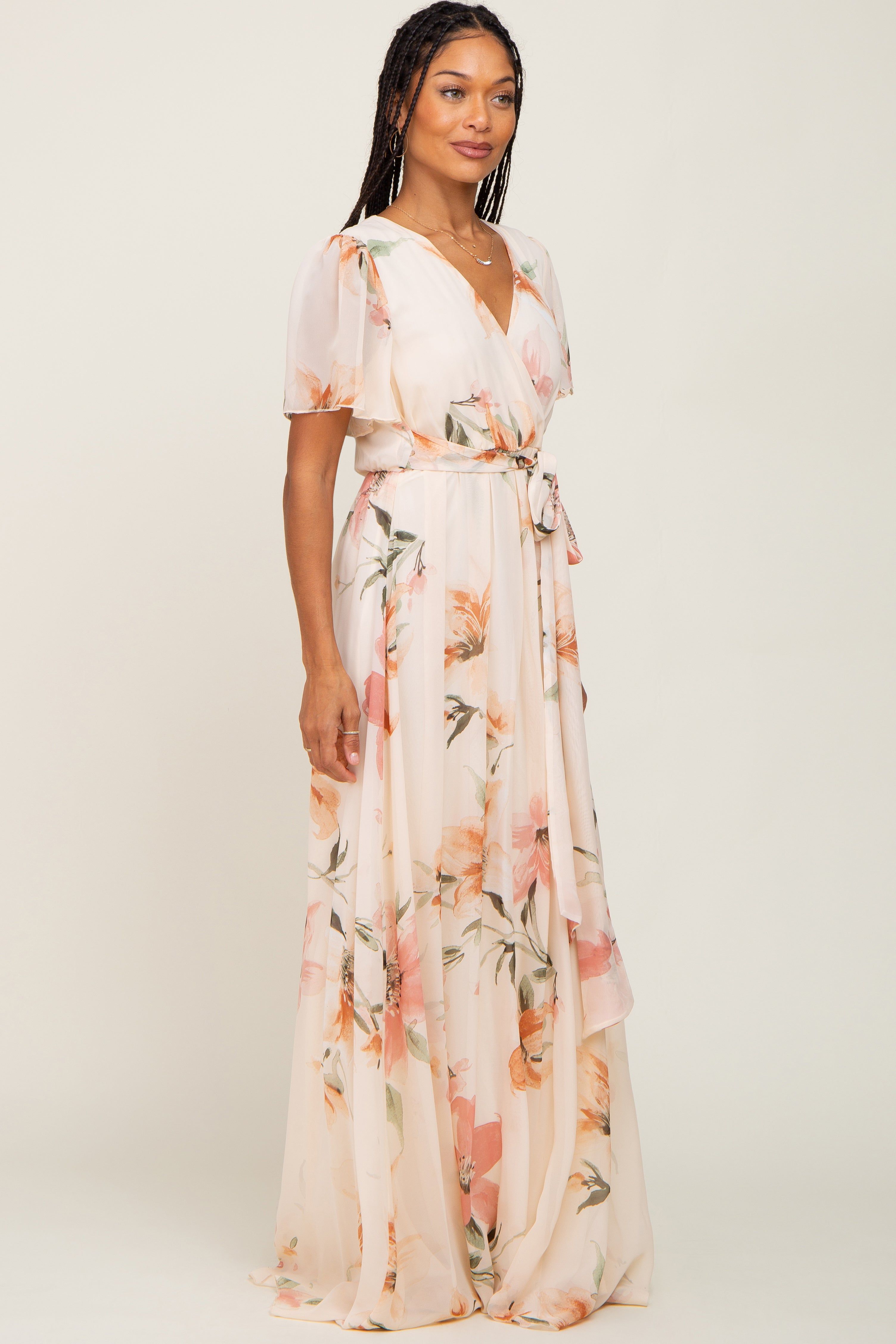 Cream Floral Chiffon Wrap Front Short Sleeve Maxi Dress sold by Pinkblush product image thumbnail 2