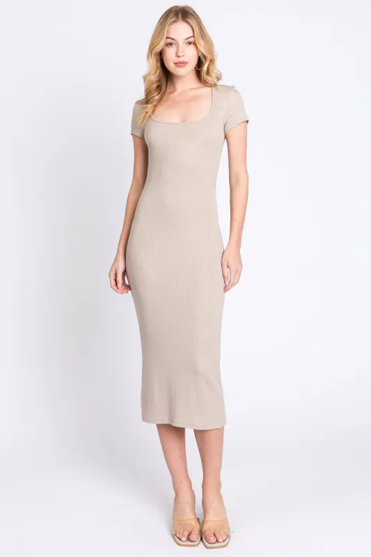 Taupe Rib Knit Short Sleeve Midi Dress sold by Pinkblush