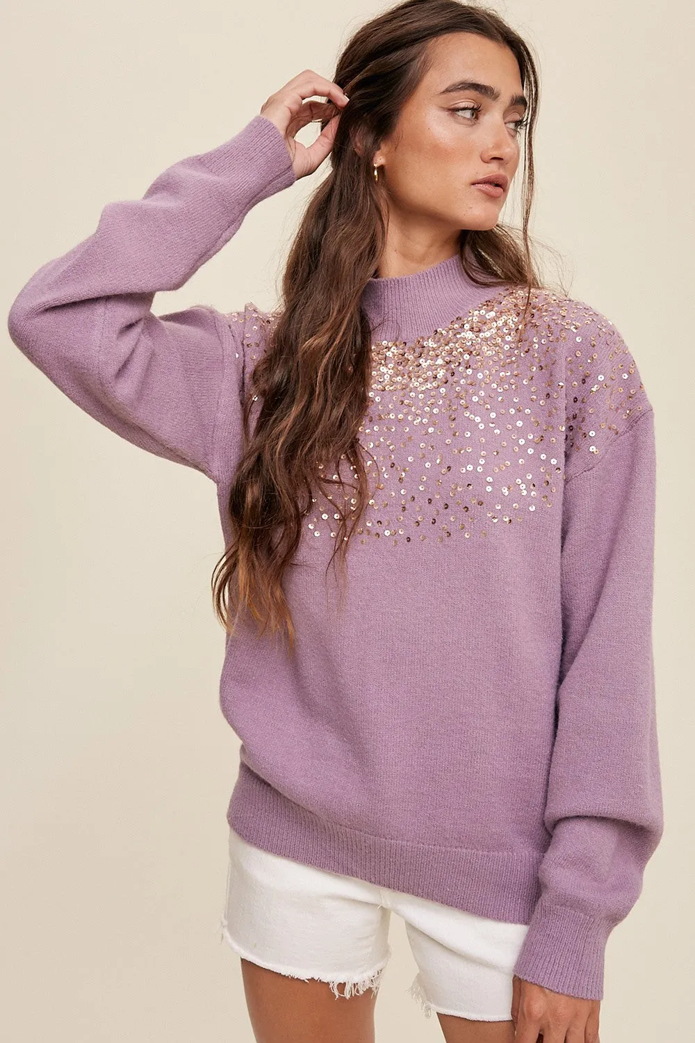 Purple Sequin Knit Mock Neck Maternity Sweater sold by Pinkblush product image thumbnail 5