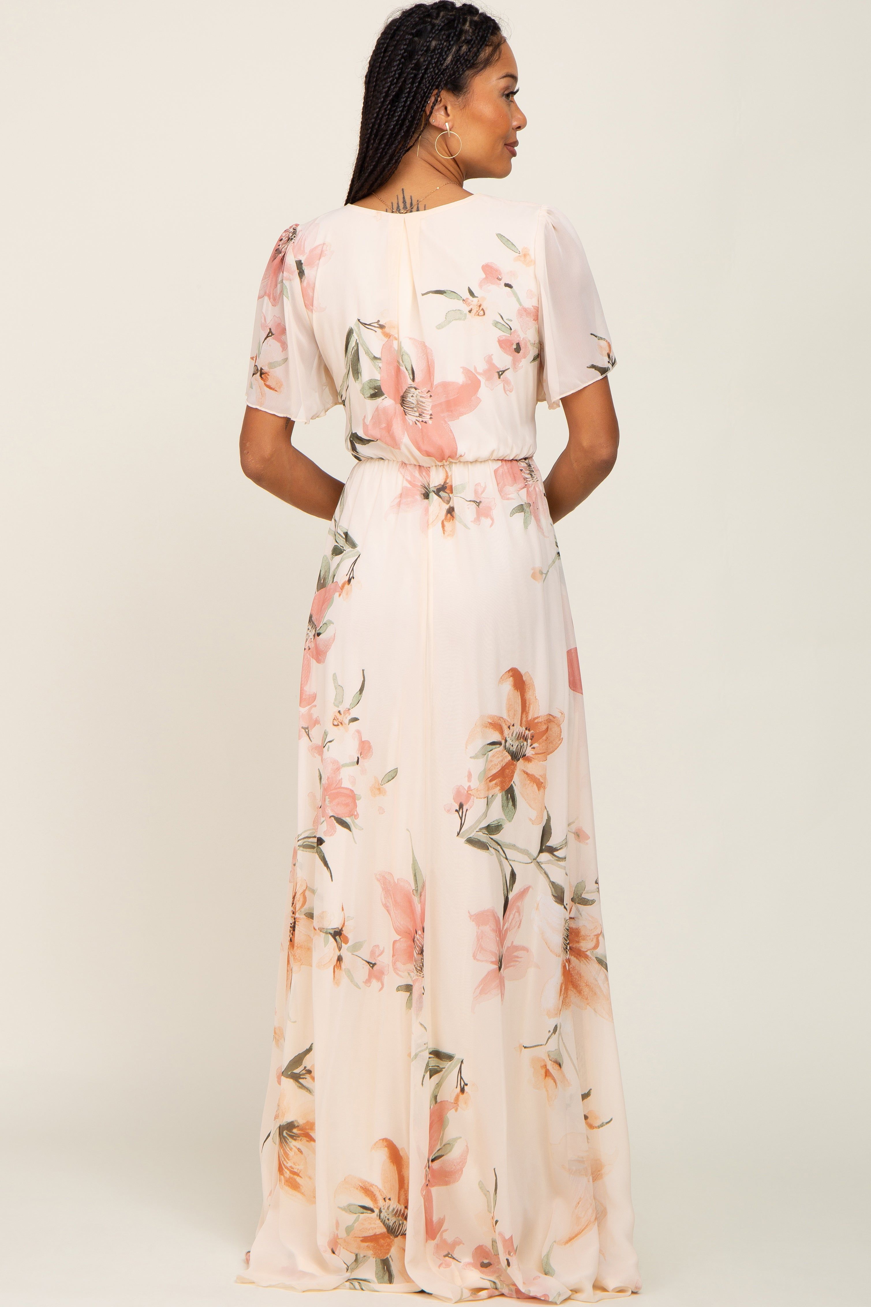 Cream Floral Chiffon Wrap Front Short Sleeve Maxi Dress sold by Pinkblush product image thumbnail 3