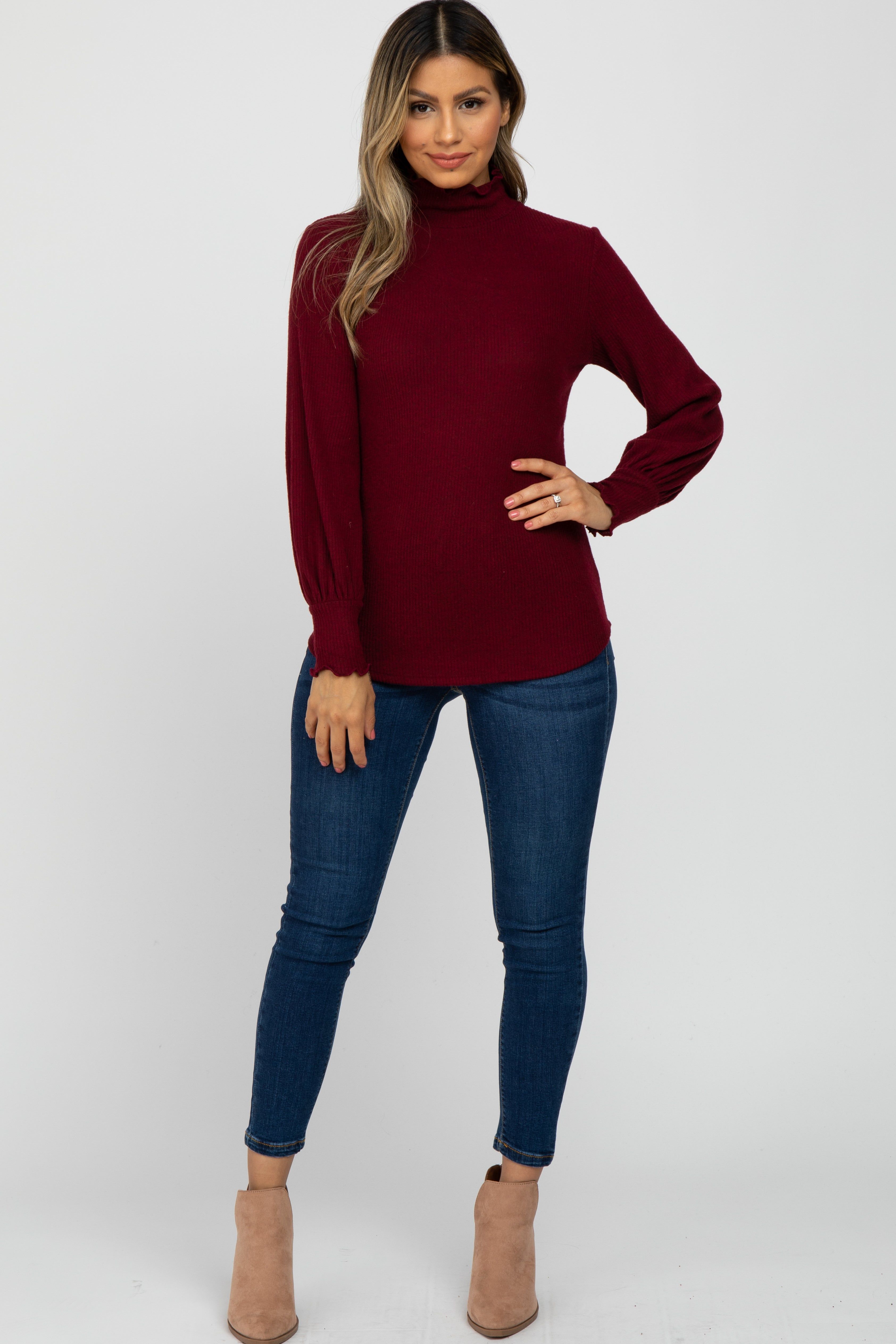 Burgundy Brushed Ribbed Mock Neck Top sold by Pinkblush product image thumbnail 2