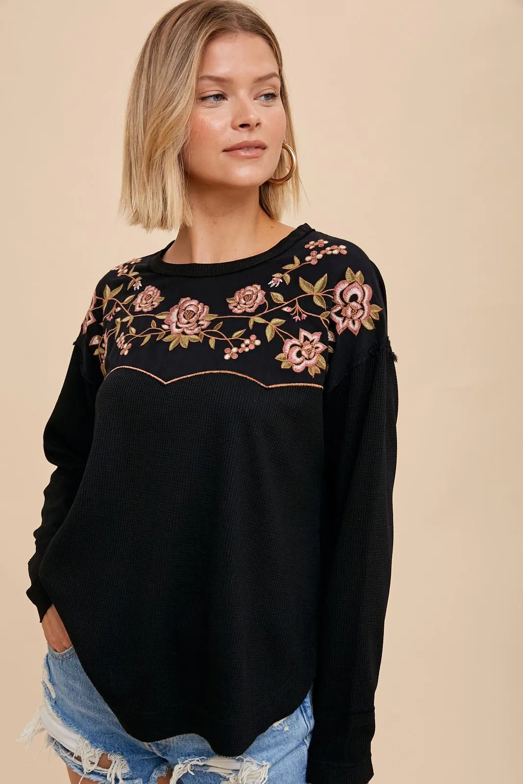 Black Thermal Embroidered Yoke Top sold by Pinkblush product image thumbnail 2