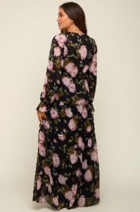 Black Floral Chiffon V-Neck Lettuce Edge Tiered Maternity Maxi Dress sold by Pinkblush