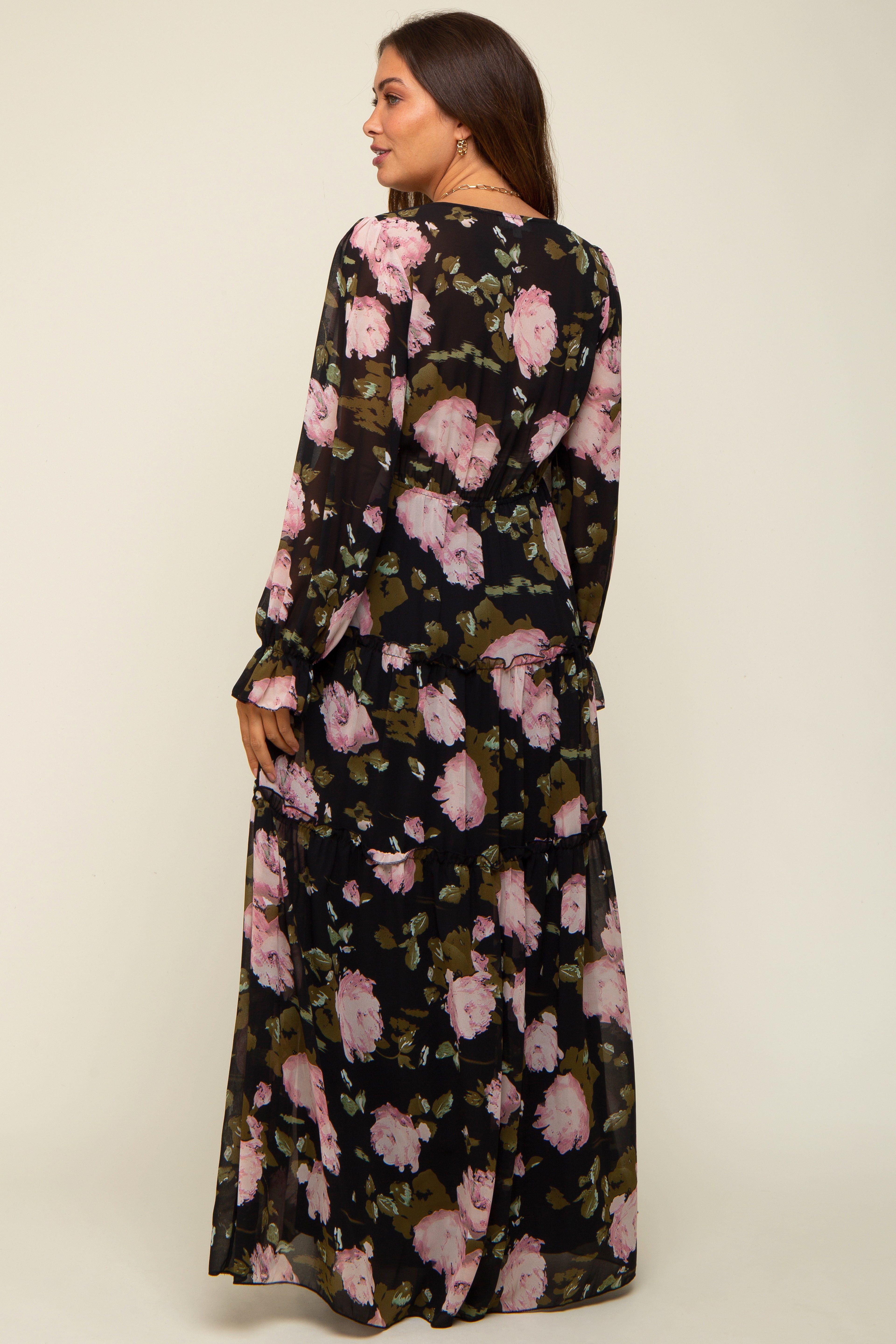 Black Floral Chiffon V-Neck Lettuce Edge Tiered Maternity Maxi Dress sold by Pinkblush product image thumbnail 3