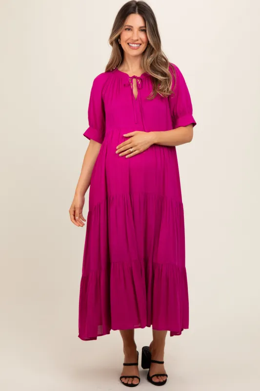 Magenta Lightweight Flowy Tiered Maternity Maxi Dress sold by Pinkblush