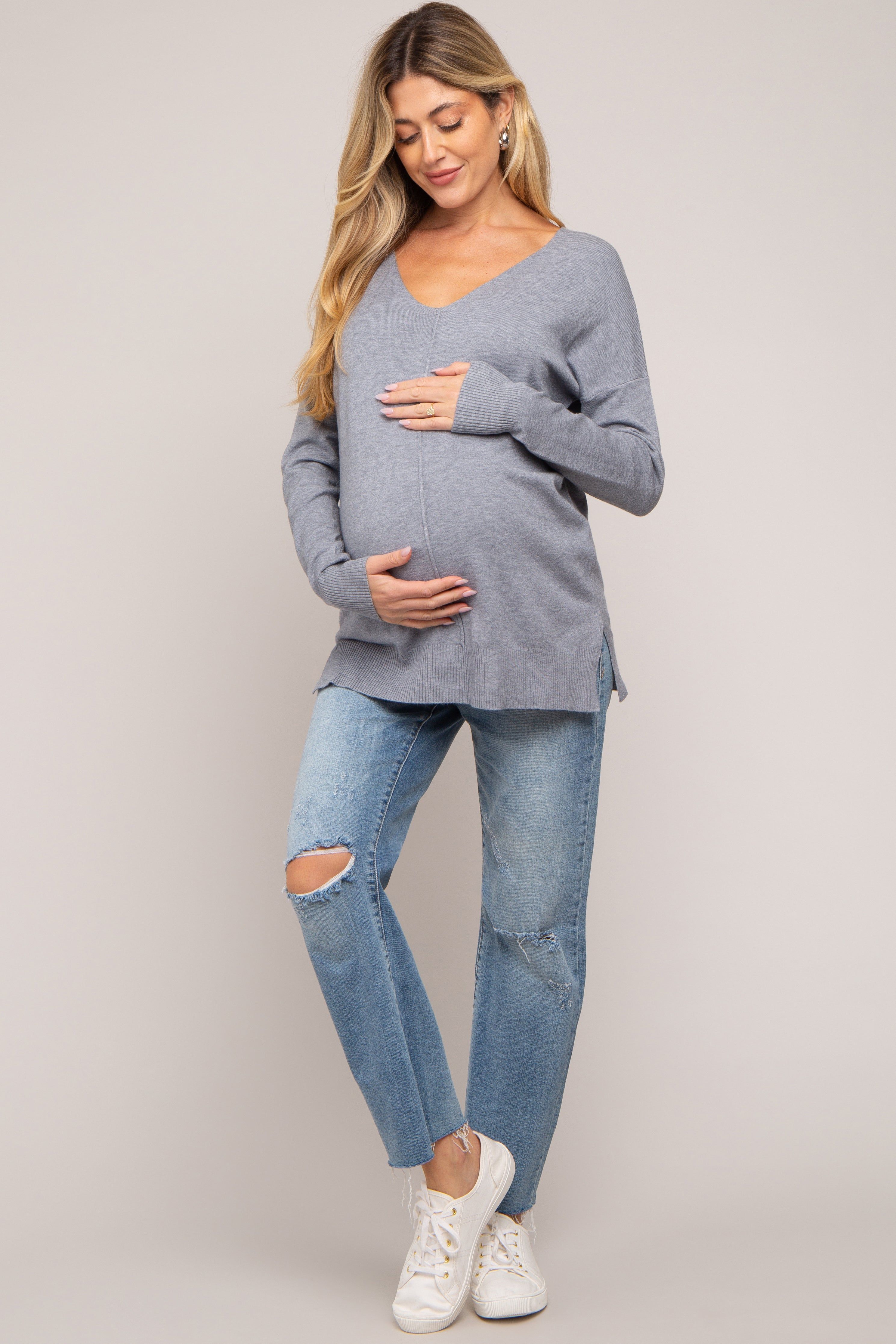 Heather Grey Long Sleeve Side Slit Maternity Sweater sold by Pinkblush
