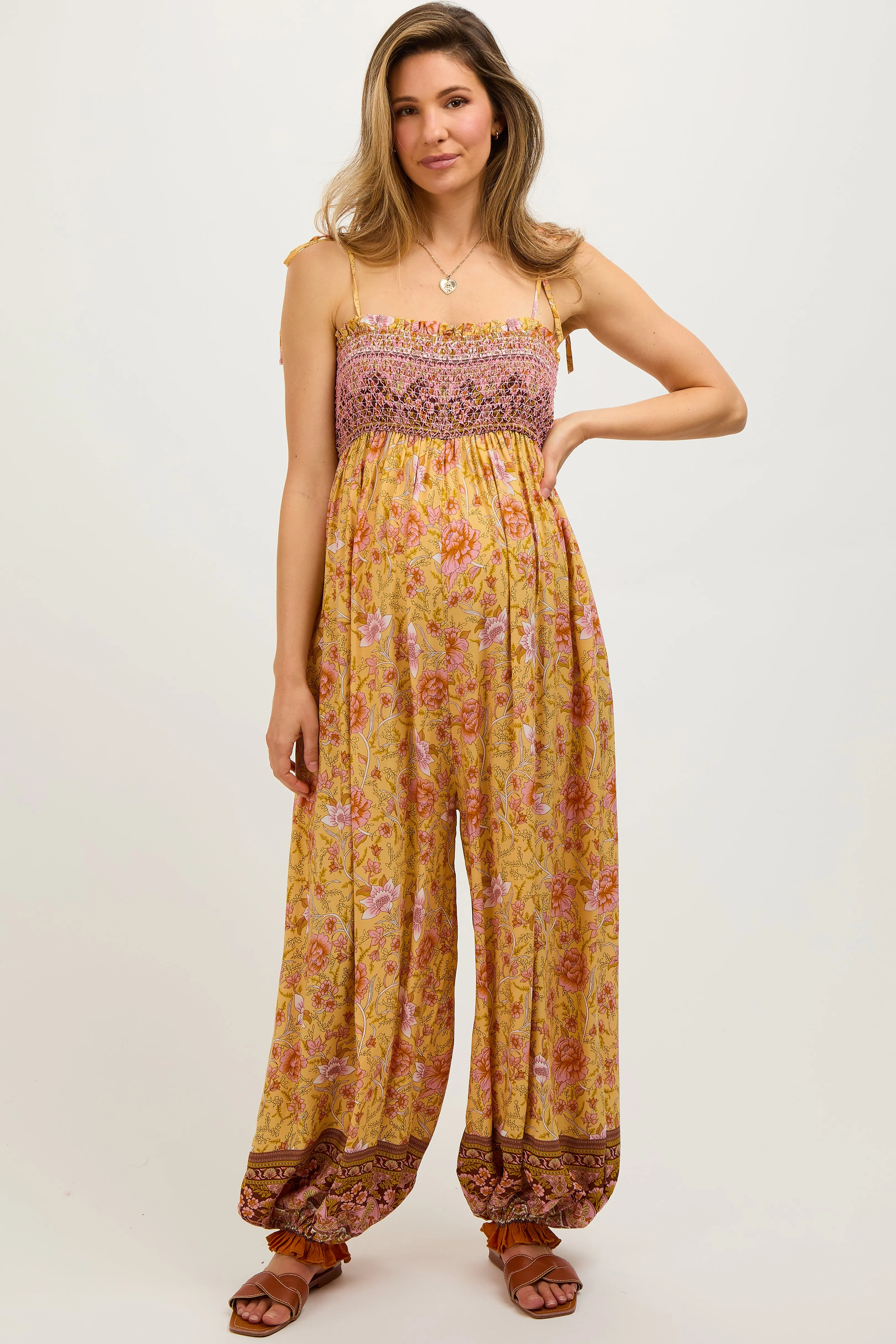 Yellow Floral Border Print Smocked Shoulder Tie Maternity Jumpsuit sold by Pinkblush product image thumbnail 3