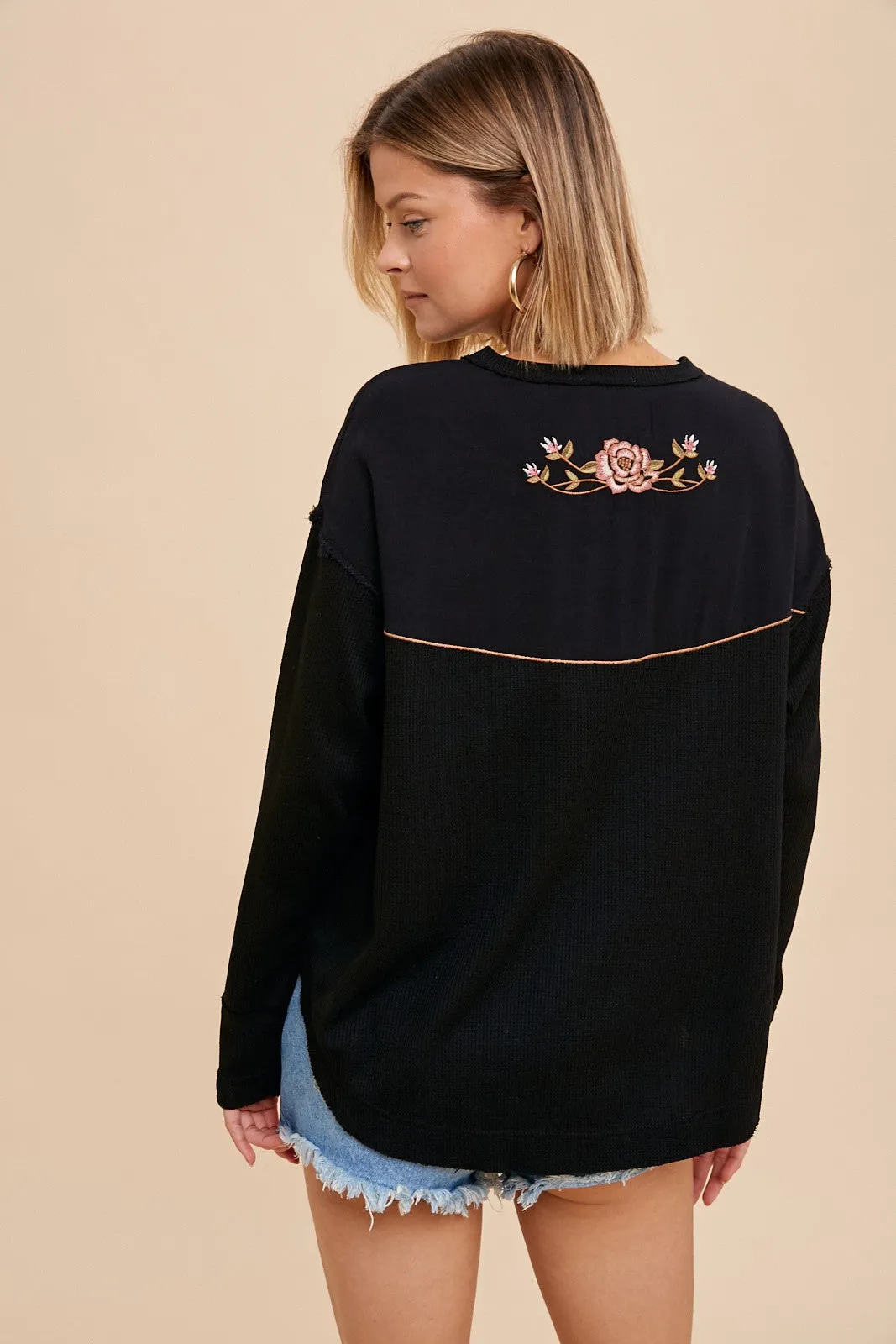 Black Thermal Embroidered Yoke Top sold by Pinkblush product image thumbnail 3