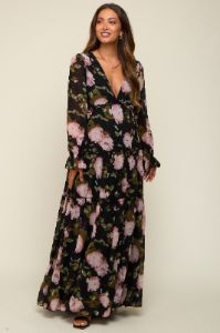 Black Floral Chiffon V-Neck Lettuce Edge Tiered Maternity Maxi Dress sold by Pinkblush
