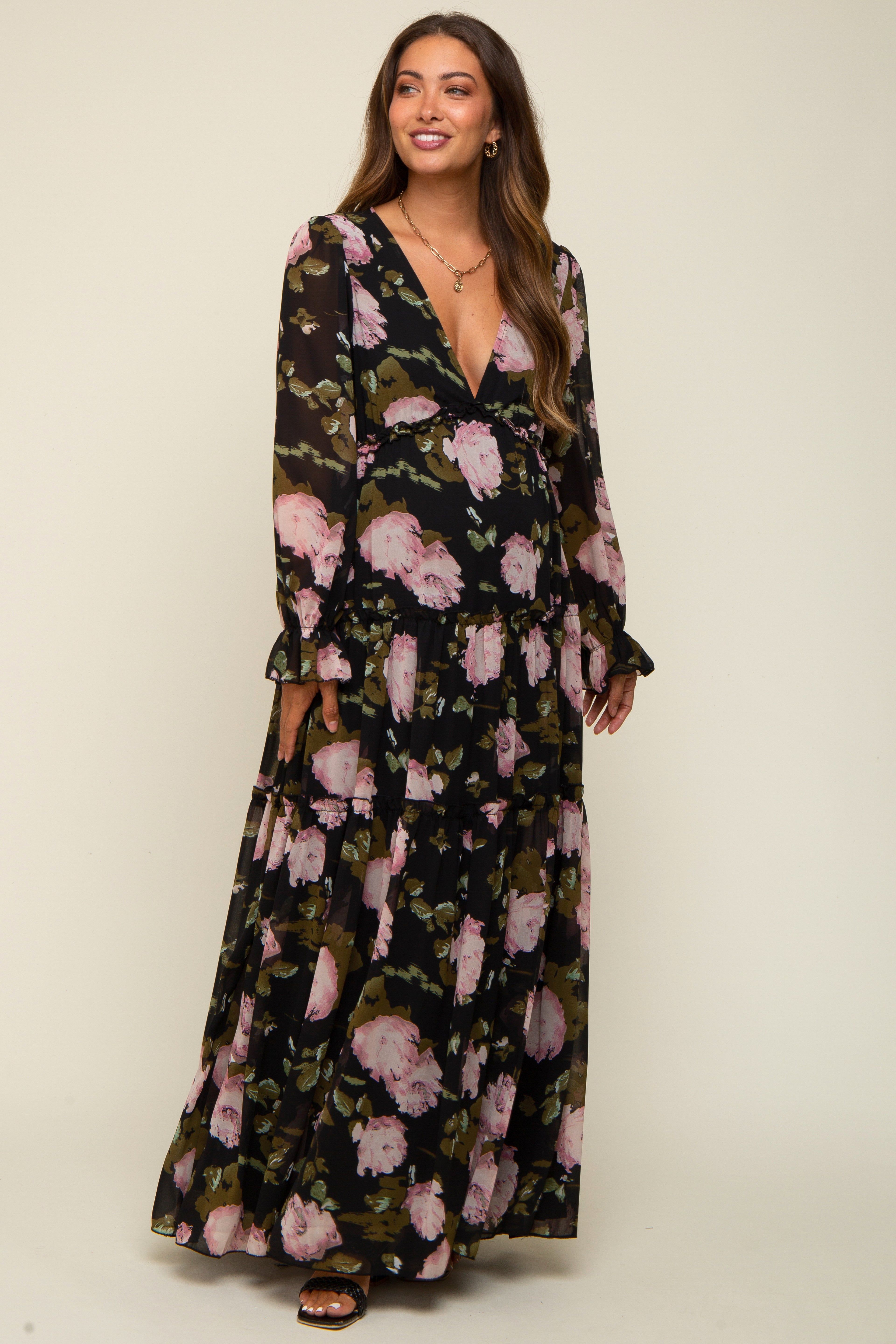 Black Floral Chiffon V-Neck Lettuce Edge Tiered Maternity Maxi Dress sold by Pinkblush product image thumbnail 4