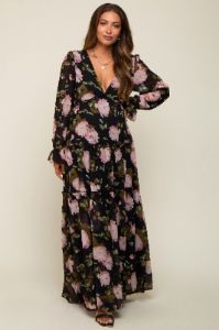 Black Floral Chiffon V-Neck Lettuce Edge Tiered Maternity Maxi Dress sold by Pinkblush