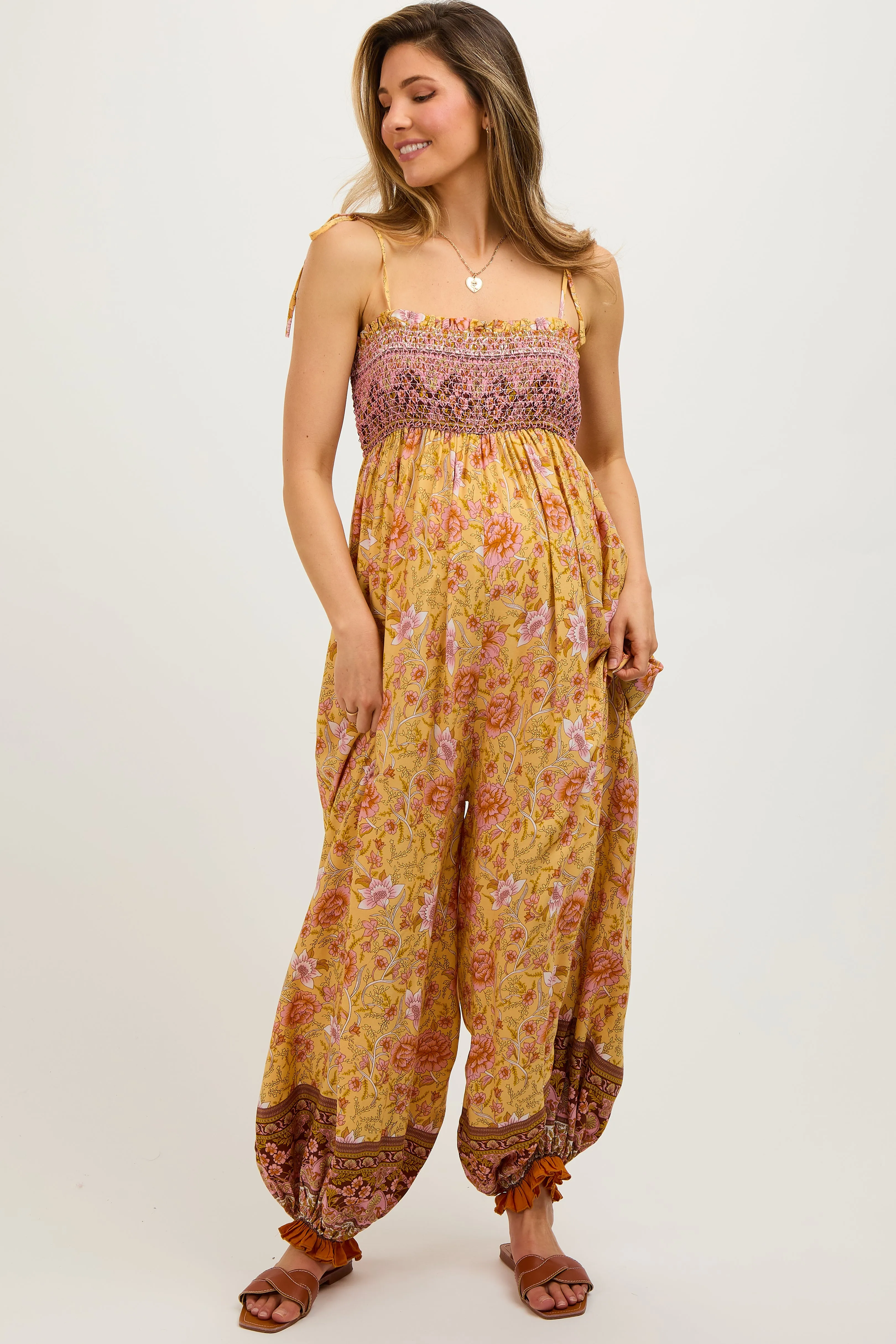 Yellow Floral Border Print Smocked Shoulder Tie Maternity Jumpsuit sold by Pinkblush