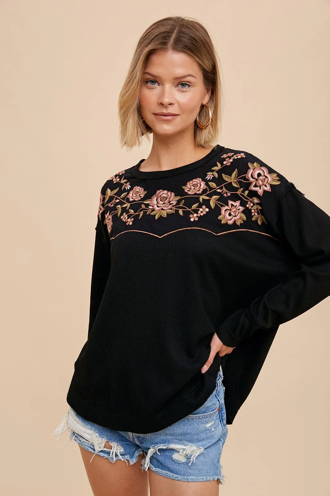 Black Thermal Embroidered Yoke Top sold by Pinkblush