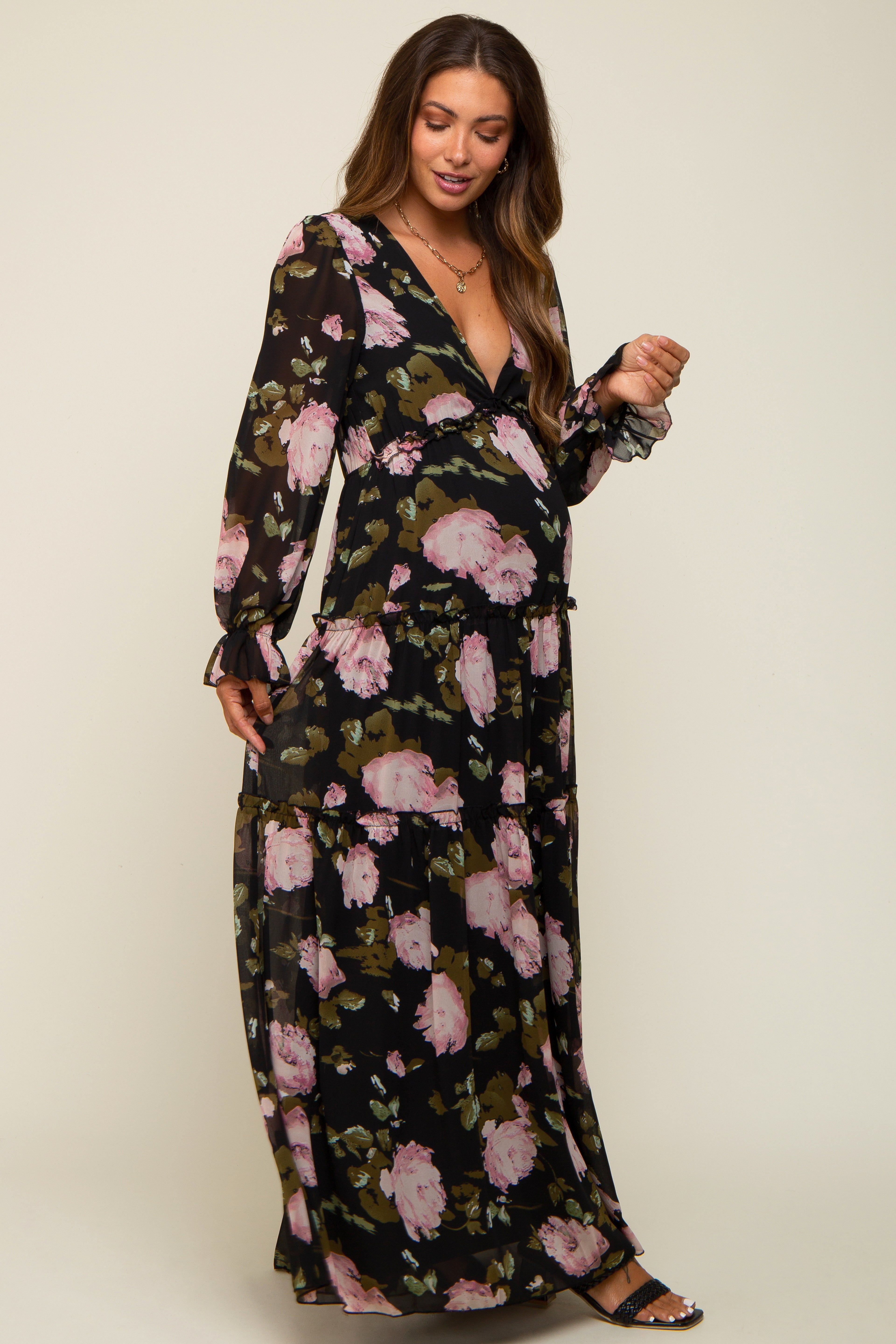 Black Floral Chiffon V-Neck Lettuce Edge Tiered Maternity Maxi Dress sold by Pinkblush product image thumbnail 2