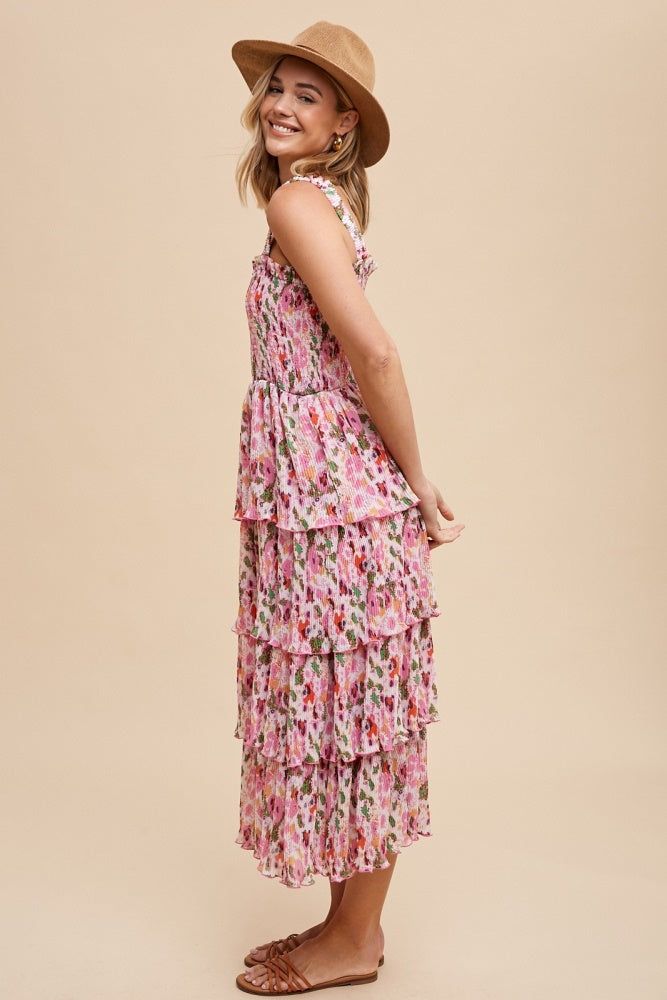 Pink Multi Floral Printed Pleated Tiered Strap Dress sold by Pinkblush product image thumbnail 2