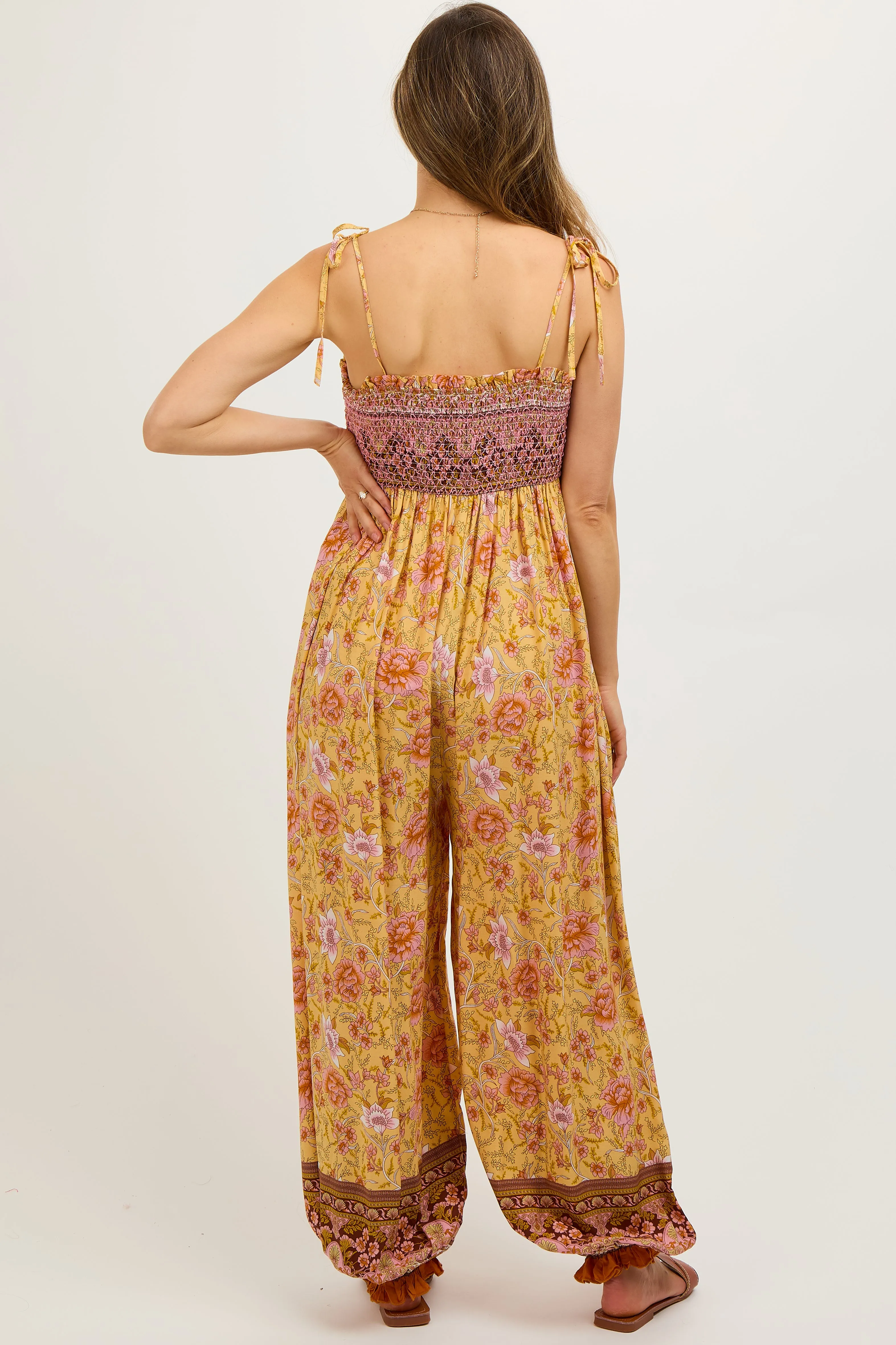 Yellow Floral Border Print Smocked Shoulder Tie Maternity Jumpsuit sold by Pinkblush product image thumbnail 2