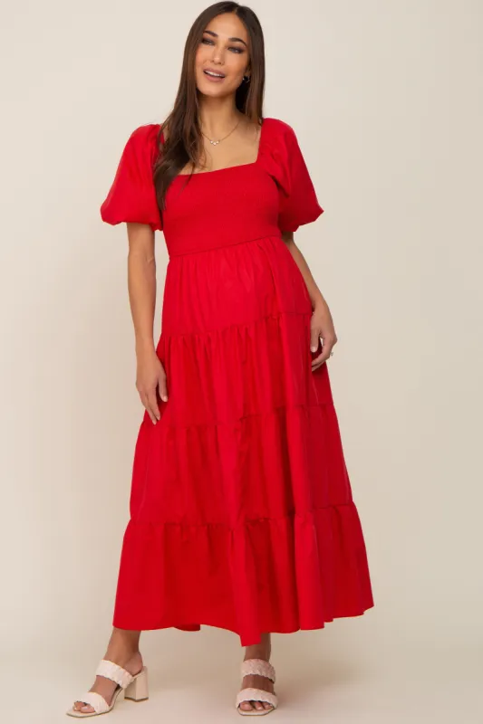 Red Square Neck Smocked Puff Short Sleeve Tiered Maternity Midi Dress sold by Pinkblush