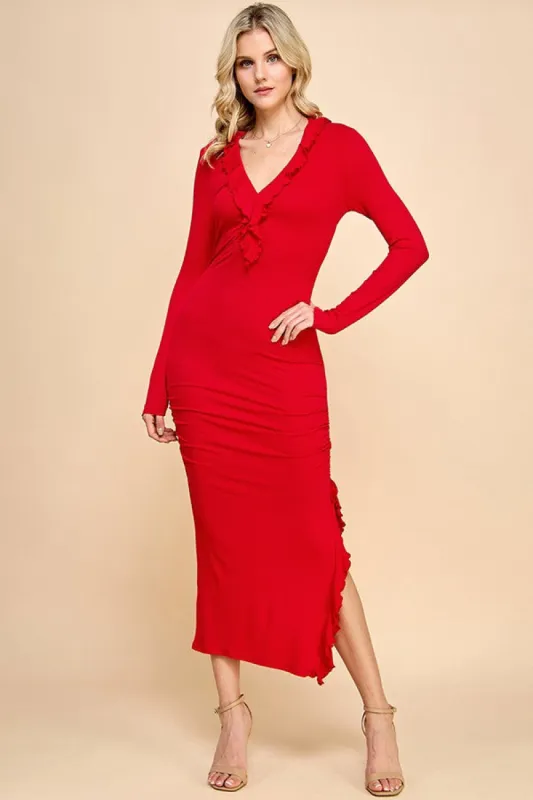 Red Ruffle Ruched Long Sleeve Maxi Dress sold by Pinkblush