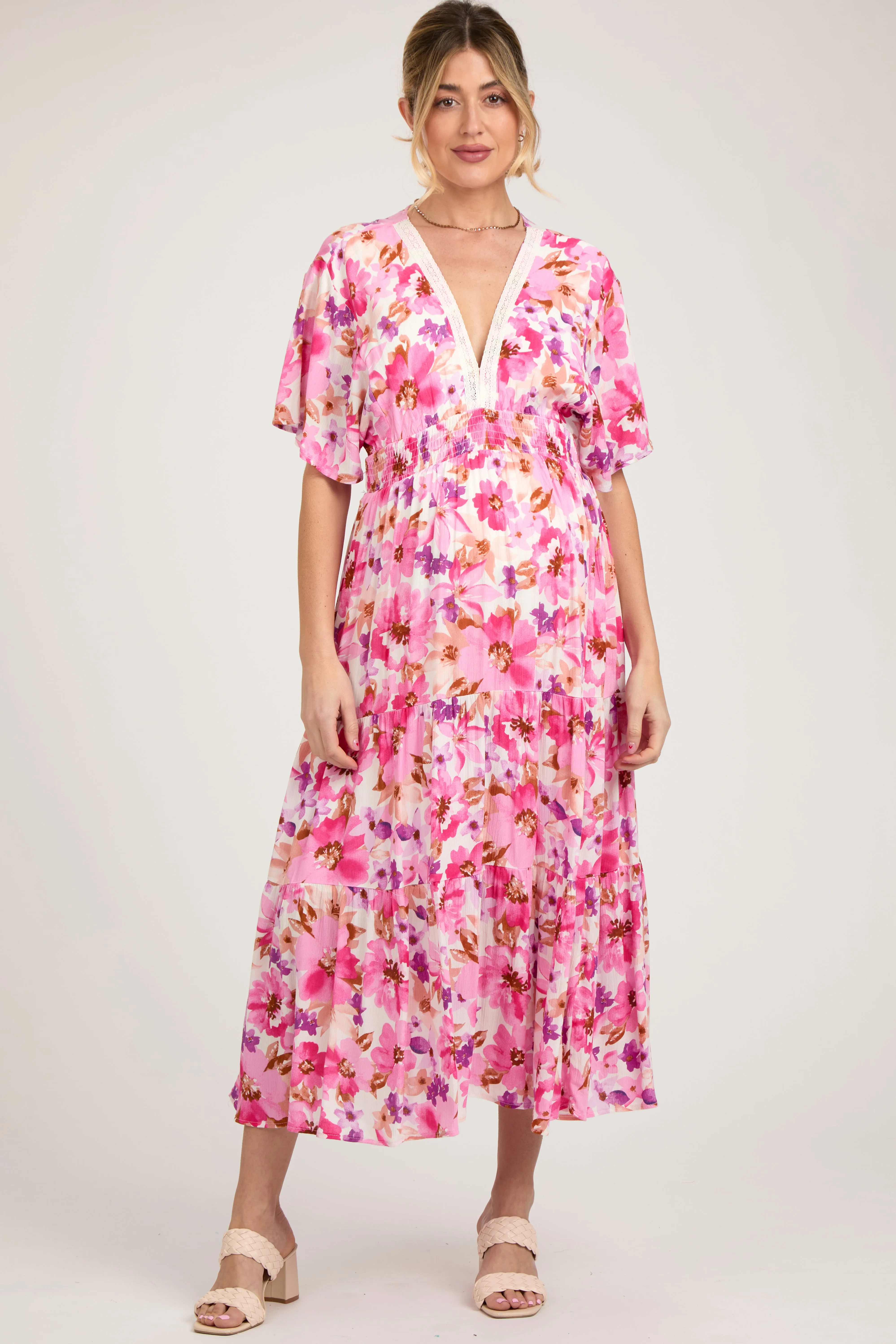 Fuchsia Multi-Color Floral Tiered Maternity Maxi Dress sold by Pinkblush