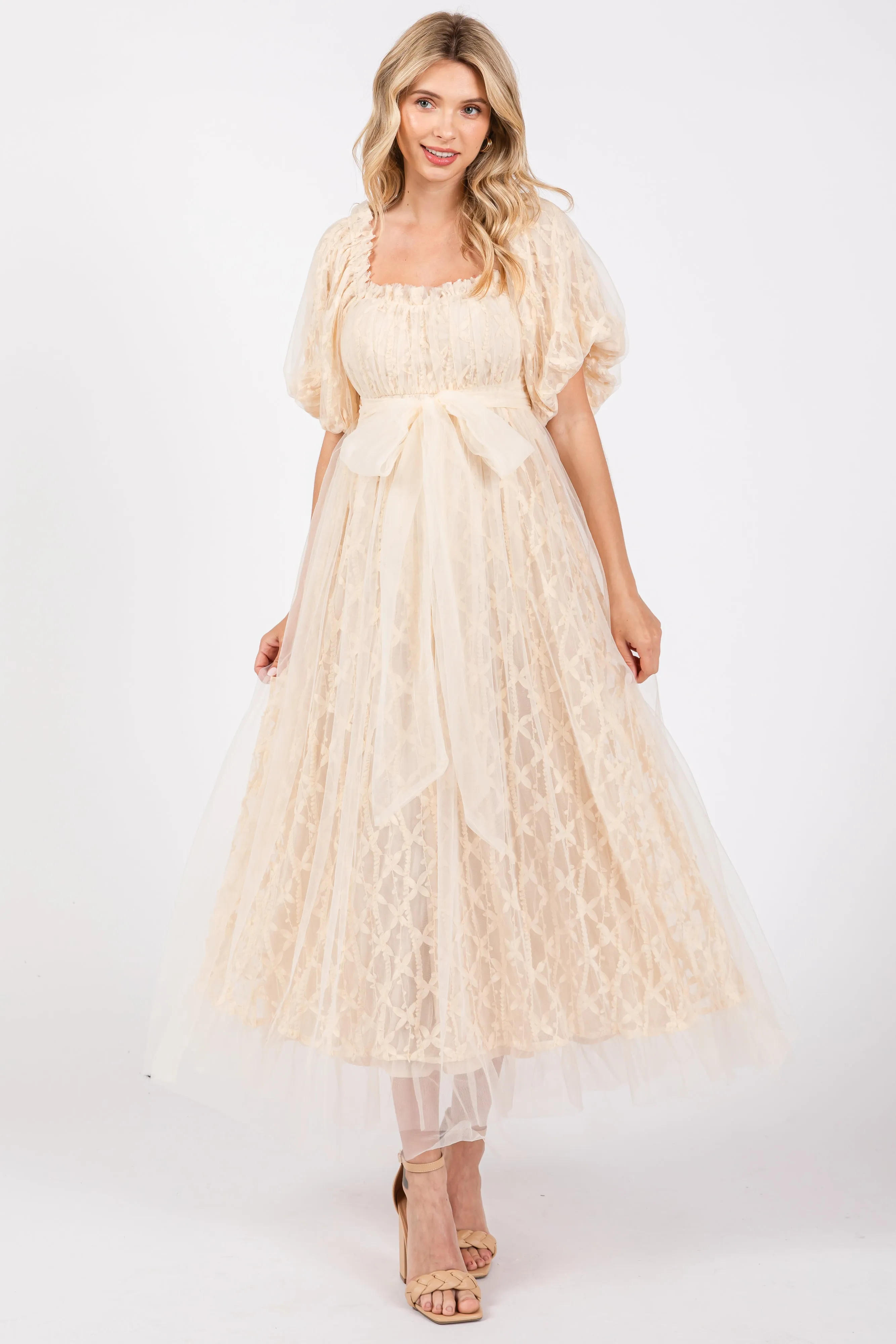 Cream Balloon Sleeve Embroidery Mesh Midi Dress sold by Pinkblush