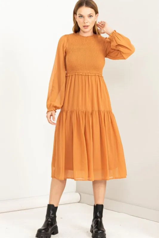 Orange Chiffon Tiered Midi Dress sold by Pinkblush